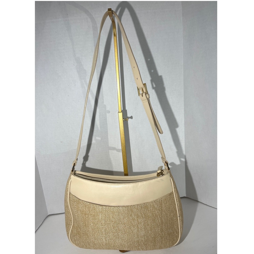 Etienne Aigner Shoulder Bag Women Medium Cream Straw Leather Logo Vintage Summer - Picture 2 of 16
